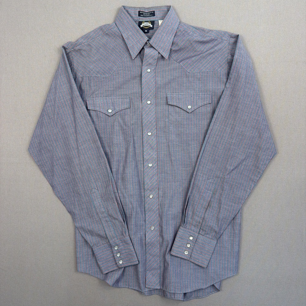 Vintage Lee Snap Button Denim Chambray Shirt Medium Blue Long Sleeve Western